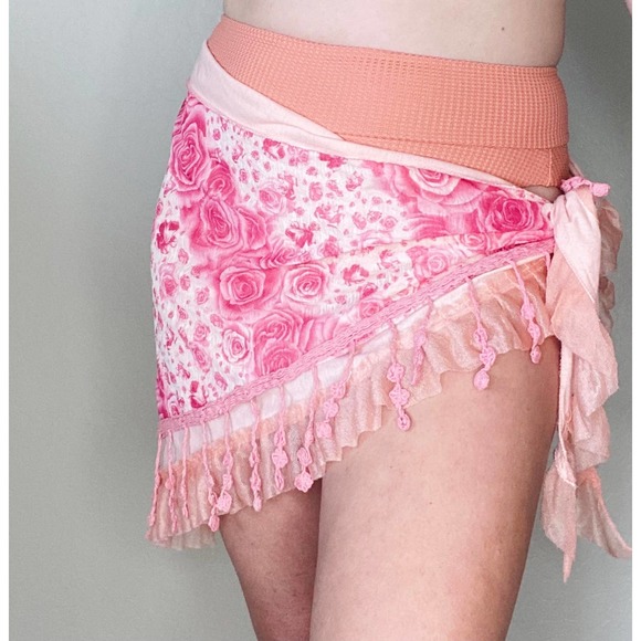 Other - Pink Rose Semi Sheer Tassle Fringe Swim Sarong Cover Up Skirt
